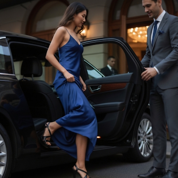 Elegant Blue Satin Evening Gown - Picture 1 of 3